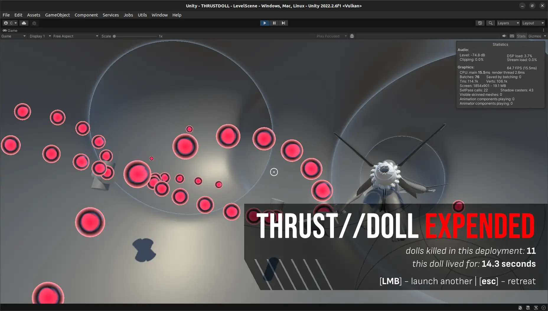 A screenshot of the Unity editor showing the death screen UI over the game. It consists of a box saying 'THRUST//DOLL EXPENDED', followed by text saying 'dolls killed in this deployment: 11' and 'this doll lived for: 14.3 seconds'. At the bottom it states the button inputs to run again.