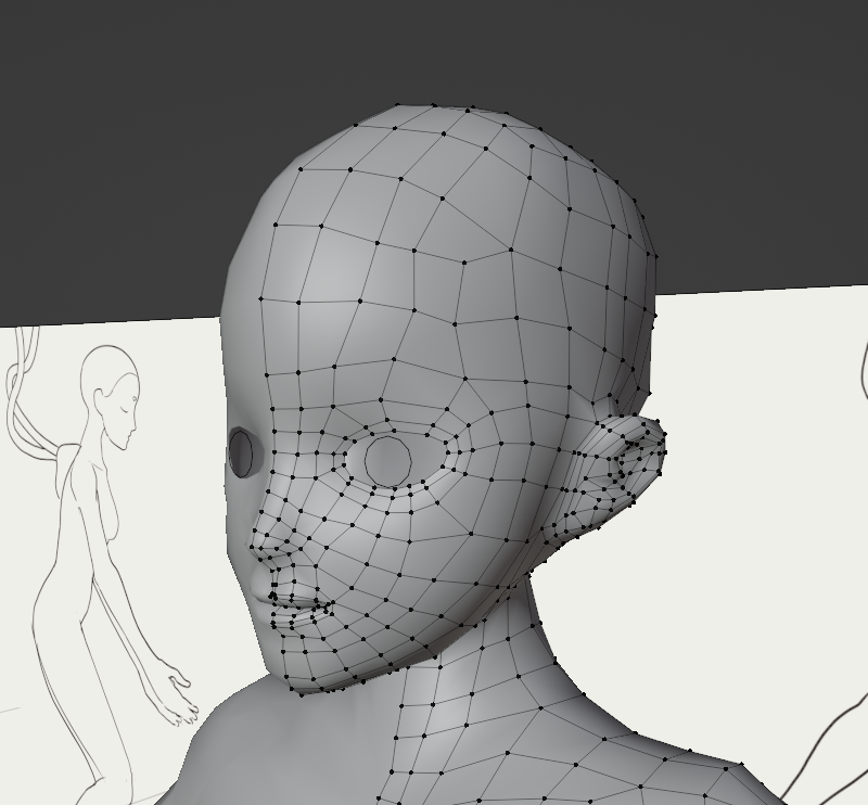 A closeup of a later iteration of head topology.