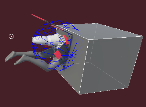 The doll clipped into a cube with a convex collider, with a sphere collider intersecting with the cube.