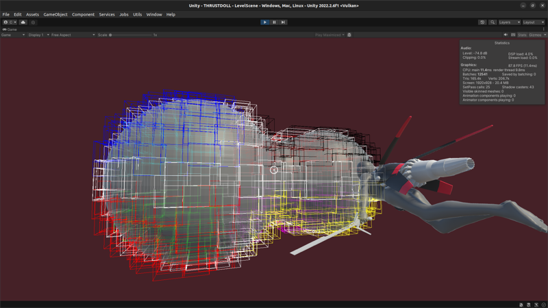 A screenshot of Unity showing the 'Peanut' test level geometry's Axis Aligned Bounding Boxes, coloured by their grid cells.