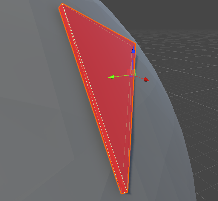 A screenshot of Unity shoting the collider as a wireframe overlaid onto the rendered mesh. Two of the three corners of the triangular prism have been merged into single vertices, creating a tetrahedral structure.