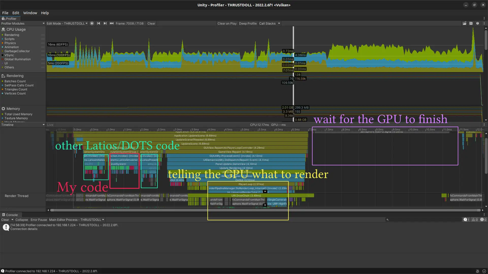 A screenshot of the Unity profiler, showing the breakdown of the time spent during a frame.