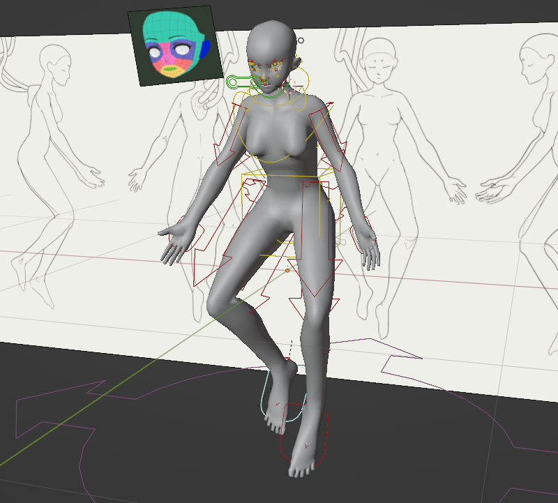 The doll put in an approximate floating pose with the Rigify rig visible.