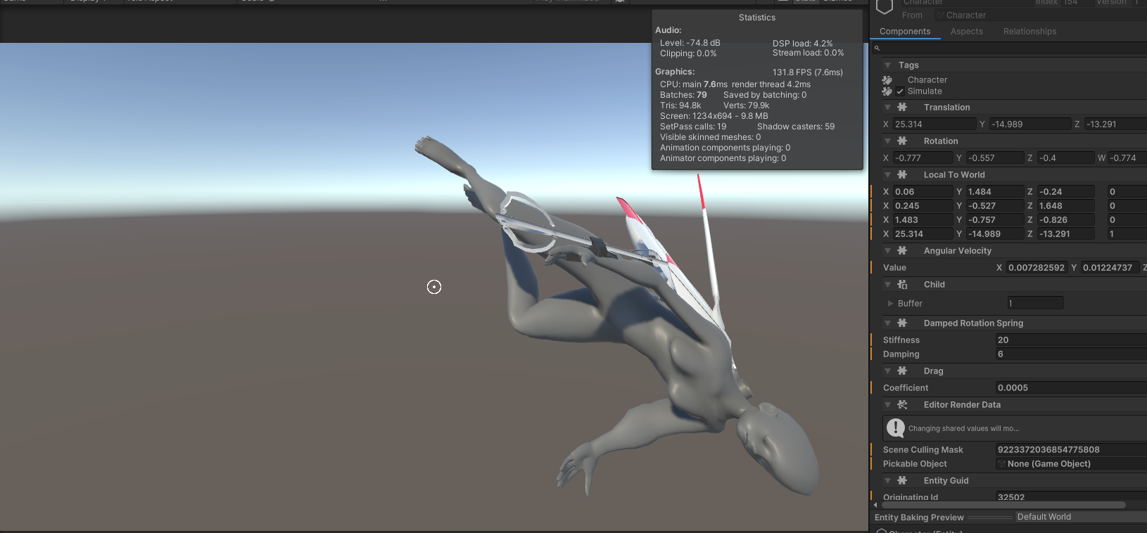 Screenshot of Unity Editor showing the doll character squashed and skewed, next to a display of the component values.