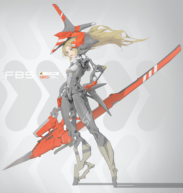 A character design of a girl wtih a massive spear-like weapon and mechanical arms and legs with cool shapes.