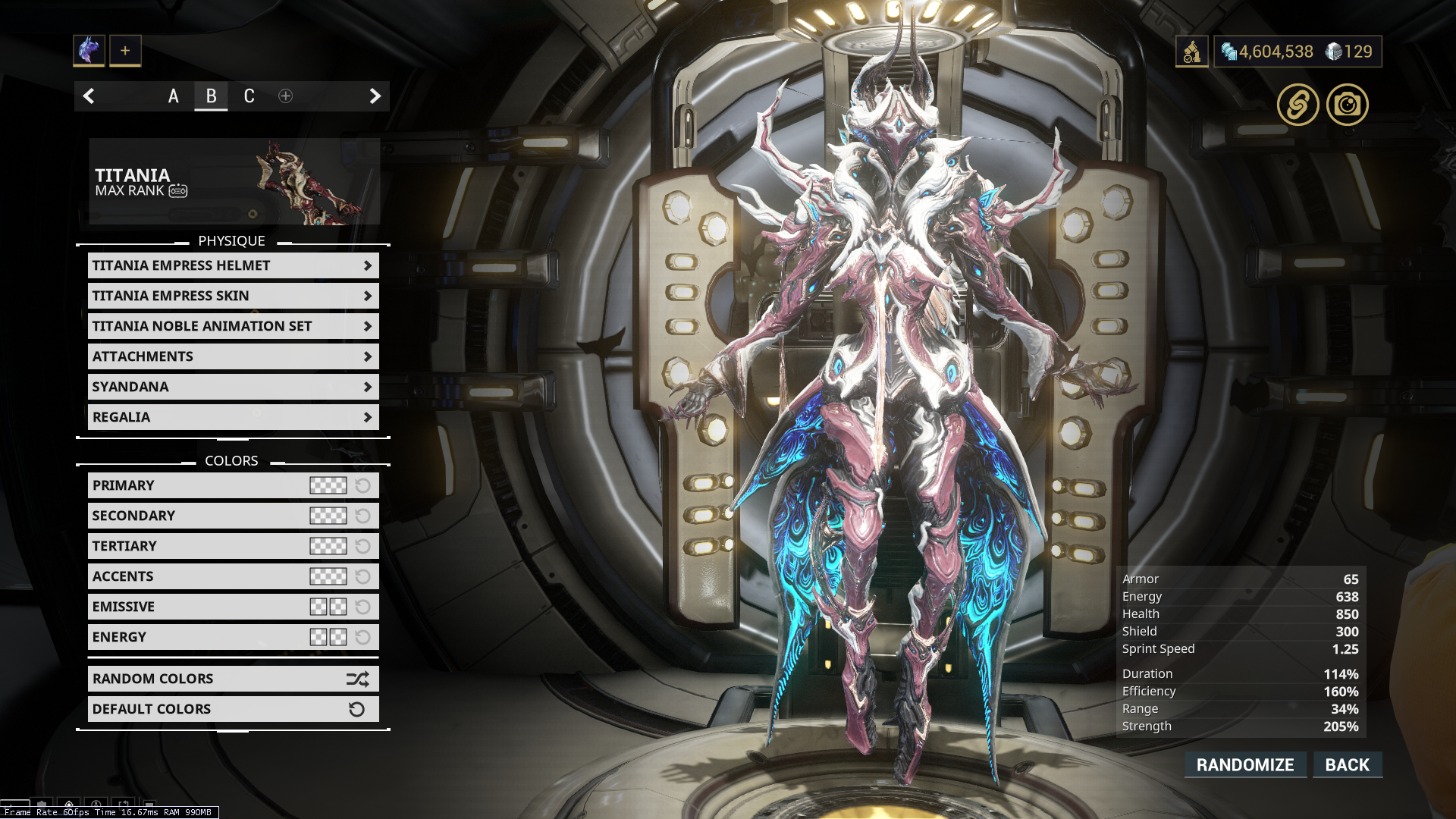 Screenshot of Warframe, showing the customisation screen for the Titania frame.