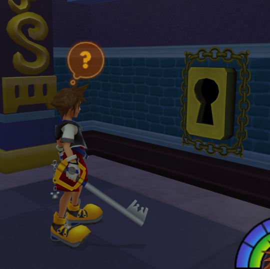 Sora, face to face with an enormous keyhole (bigger than his head), with a question mark above his head, and the Keyblade - a comparably enormous key - in his hand.