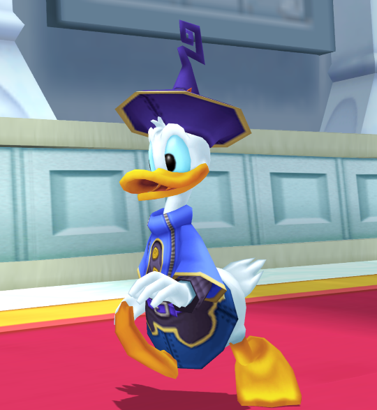 Donald Duck, a semi-anthropomorphic duck, walks through a marble corridor in a wizard outfit including a very curly hat.