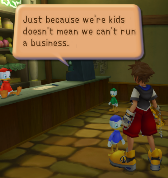Sora in a shop with a flagstone floor, with three tiny anthropomorphic ducks in shot - Huey, Dewey and Louie, the grandnephews of Scrooge McDuck and nephews of Donald Duck. They are dressed in shirts and hats coloured in red, green and blue.