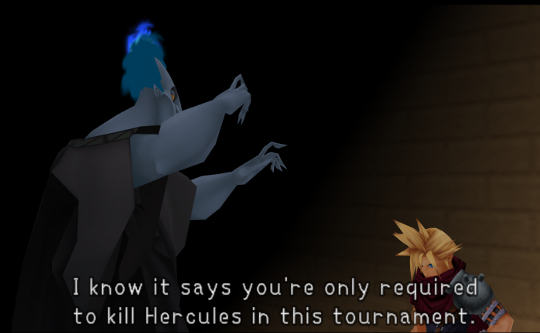 Hades - a man with bright blue fire hair and pale blue skin in a black robe - lecturing Cloud Strife, a man with blonde spiky hair, a metal shoulder blade, and a scarf.