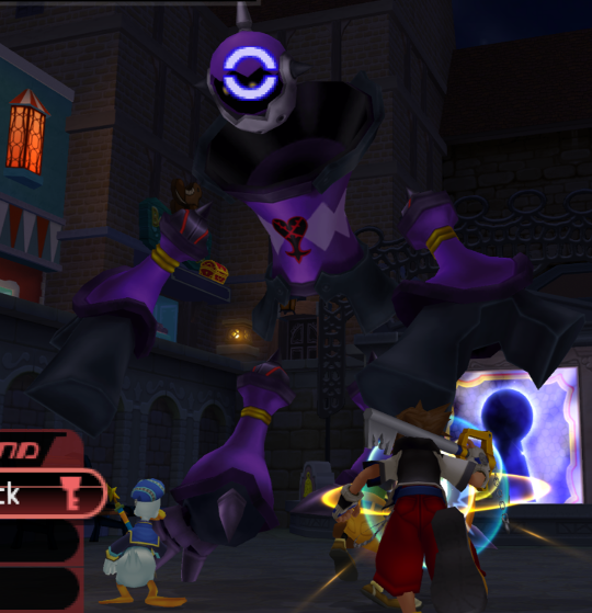 A dark nightime shot of Sora and Donald facing a large purple metal Heartless, with floating arms and legs.