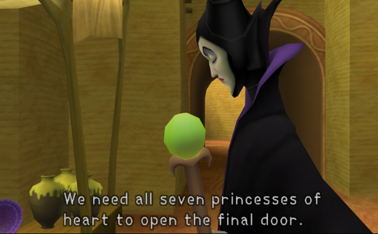Malificent in a market area of Agrabah, saying 'We need all seven princesses of heart to open the final door.'