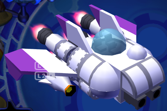 A sleek white and purple spaceship with wings, fins, and a variety of weapons.
