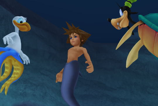 Sora, Donald and Goofy in their aquatic forms. Donald's lower half is a octopus tentacles, Sora's lower half is a dolphin's tail, and Goofy's entire body except for the head is now a turtle's.