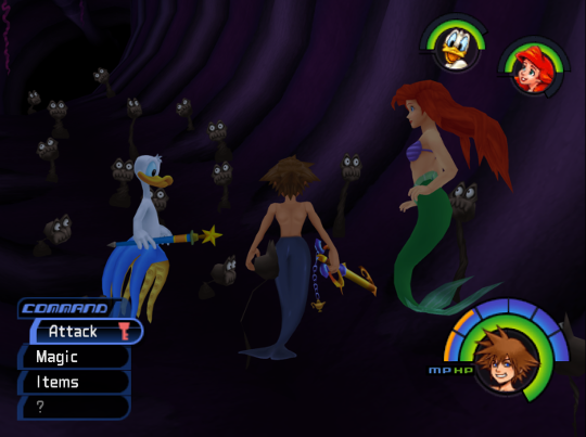 Sora, Donald and Ariel in a dark, ribbed tunnel. Tiny dark creatures with bright eyes line the floor.