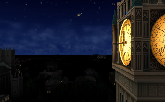 Peter Pan, Sora and Donald Duck fly towards the Big Ben clocktower, where Wendy is sitting.