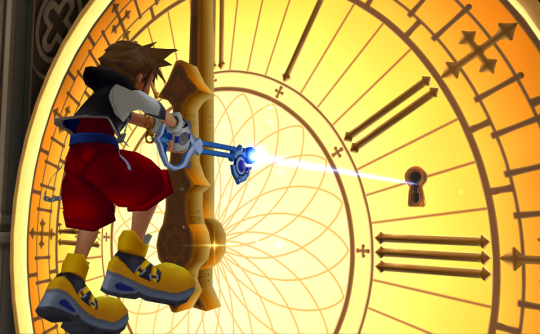 Sora hovers in front of the Big Ben clockface, shooting a beam from his Keyblade into a keyhole.