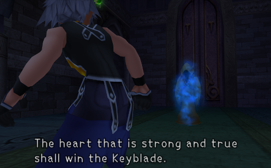 Riku in his old outfit facing a brown-robed figure with a blue glow, that's saying 'The heart that is strong and true shall win the Keyblade'.