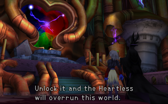 Maleficent and Riku in front of a large heart-shaped portal with red, green and blue light inside. Maleficent is saying 'Unlock it and the Heartless will overrun this world.'