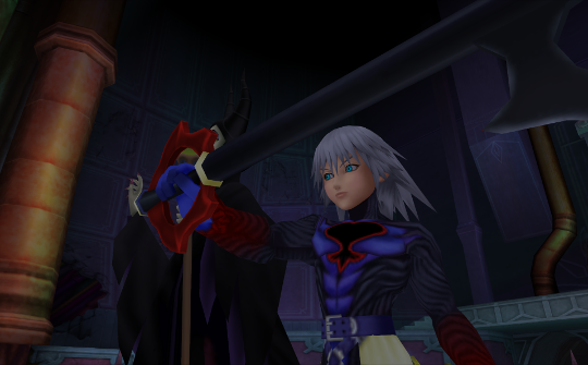 Riku holding out a red and black, sharp keyblade with Maleficent in the background.