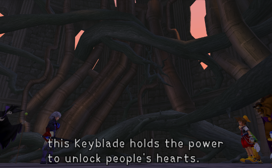 Riku facing Sora saying 'this Keyblade holds the power to unlock people's hearts.'