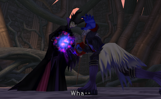 Riku stabs Maleficent with his Keyblade, creating a burst of purple light.