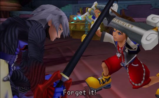 Sora blocking Ansem/Riku's keyblade with his own, shouting 'Forget it!'