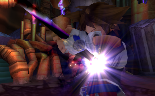 Kora stabs himself in the chest with the black and red keyblade, causing a burst of light.