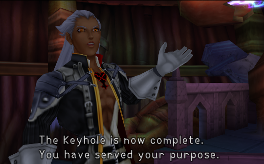 Ansem's true form is revealed. He has long white hair, brown skin, white gloves, a long black coat, a long white coat underneath it, but no shirt. The Heartless emblem hangs right over where his heart would be.