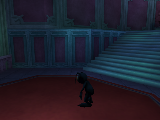 A tiny Heartless - one of the standard enemies in the game - at the bottom of a flight of stairs.