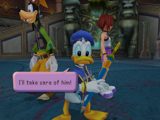 Donald, Goofy and Kairi face the camera. Donald is saying 'I'll take care of him!'