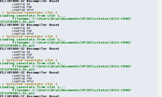 A screnshot of the PCSX2 emulator console, showing a savestate being reloaded repeatedly.