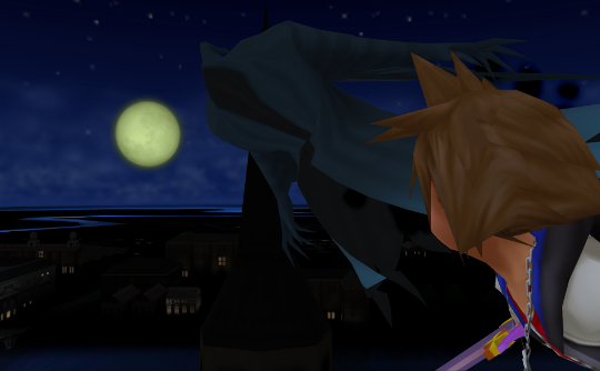 An empty black robe flying between Sora and the moon.