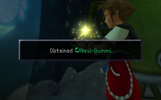 Sora receiving an item, Navi-Gummi.