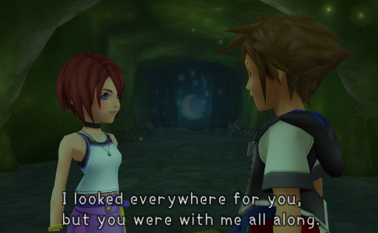 Sora and Kairi face to face in a cave. Sora saying 'I looked everywhere for you, but you were with me all along.'