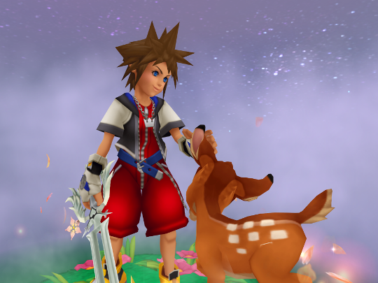 Sora petting Bambi the deer in a misty area.