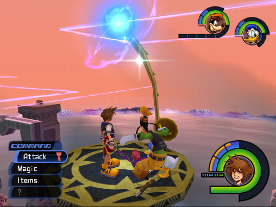 Donald, Goofy and Sora standing on a round hovering platform running a long a glowing line in the sky.