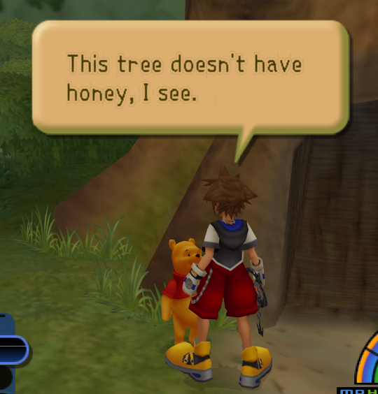 Pooh saying to Sora 'This tree doesn't have honey, I see'.