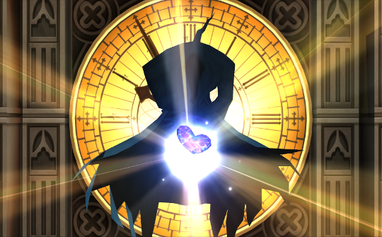 A big black robe with a stylised glowing heart floating in front of it. Behind is the clockface of Big Ben.