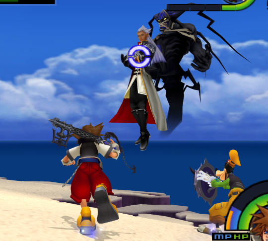 Ansem floating, arms crossed, in the air with a Heartless behind him, while Sora runs forward to attack.