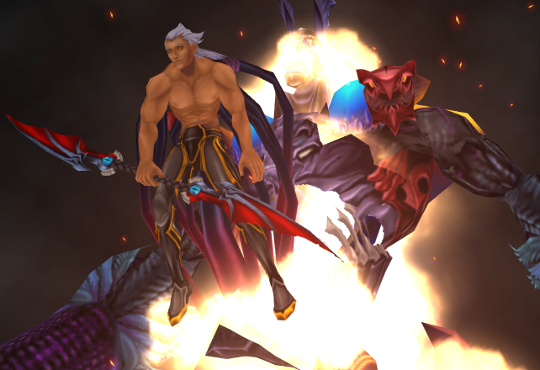 Ansem, shirtless, holding his batwing sword as the spaceship explodes bhind him.