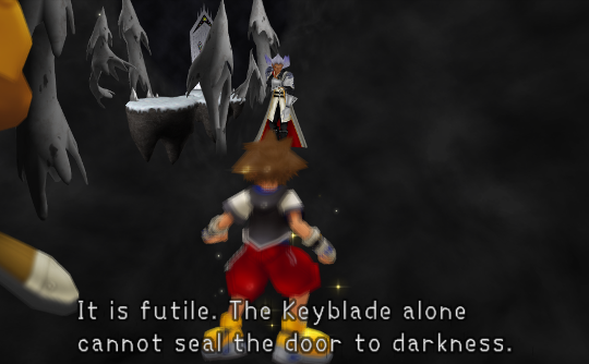 Ansem facing Sora next to the doorway with the white pointy shapes.
