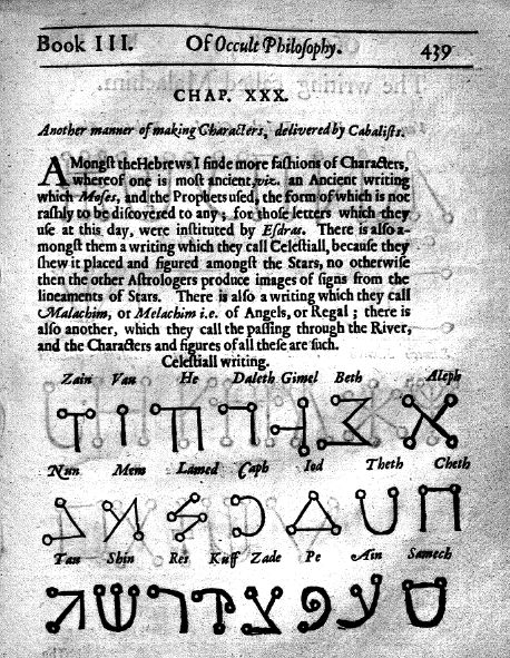 A page from Agrippa's manuscript 'Of Occult Philosophy', depicting his invention the Celestial Alphabet.