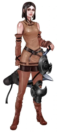 Arioch from Drag-on Dragoon, a woman apparently in her 20s, wearing largely brown clothing: a short tunic with bare shoulders, arm wraps, and long boots. She has one armoured knee, and an elaborate scabbard.