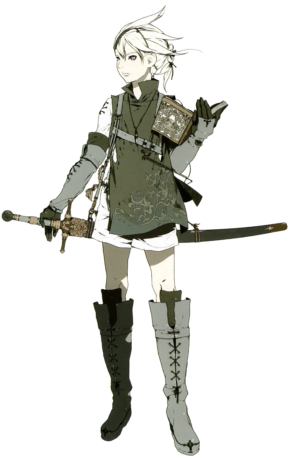 Brother Nier as he appears in the first half of the game. A young boy with white hair in a short tunic and long grey boots, holding Grimoire Weiss in one hand and a sword in the other.