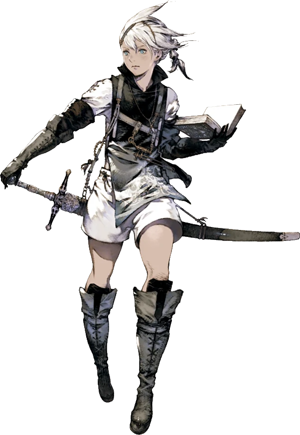 The young version of Brother Nier, as illustrated in the remake of Replicant. He wears white shorts and a kind of black collared vest, with white hair braided at the back, and thigh-length boots.