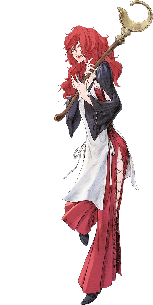 Devola artwork for the remake. She's wearing black and white tunic with split flared sleeves over red leggings, and messy red hair falls on her shoulders. She holds a staff with a moon-shaped head.