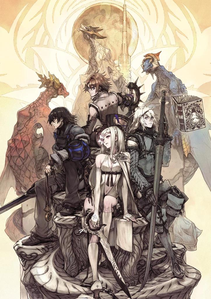 A collection of protagonists from Drag-on Dragoon and NieR games, with Zero from DoD3 at the front, Nier from NieR Replicant on the right, Caim from DoD1 on the left, and Nowe from DoD2 in the back. Behind them are three dragons, from left to right Angelus, Mikhail and Legna. Floating at the right of the image is Grimoire Weiss.