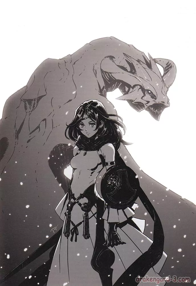 A greyscale drawing of Furiae in front of her silver dragon, as portrayed in the DoD 1.3 novel. This version of Furiae wears the same dress and black scarf, but carries a sword and small shield.