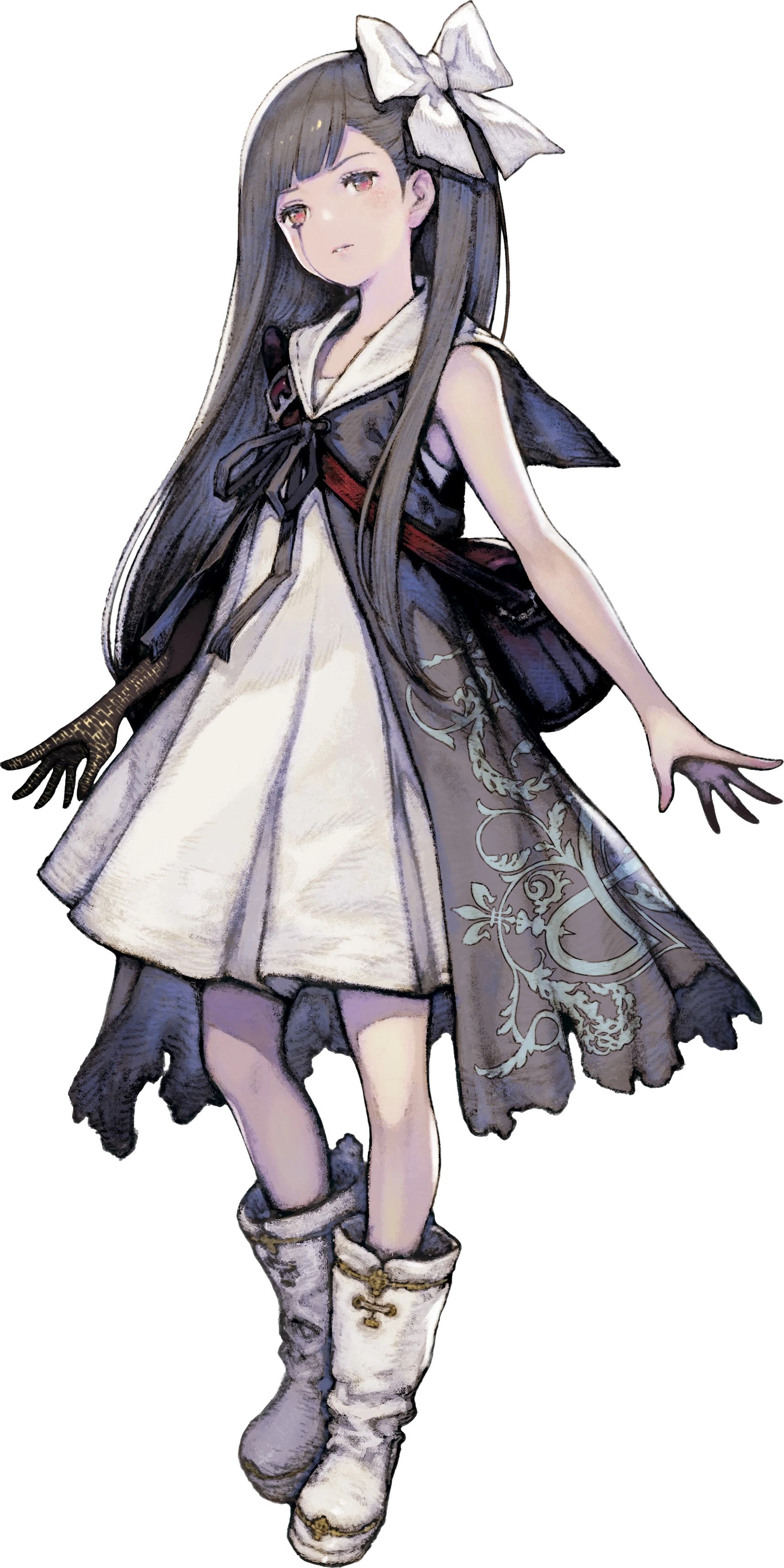 Artwork of Louise made for the remake. A young girl in a white dress and grey patterned shawl, with a white bow in her hair, and a red bag over her shoulder. One hand is dark with yellow patterns of writing, showing her true nature as a Shade.